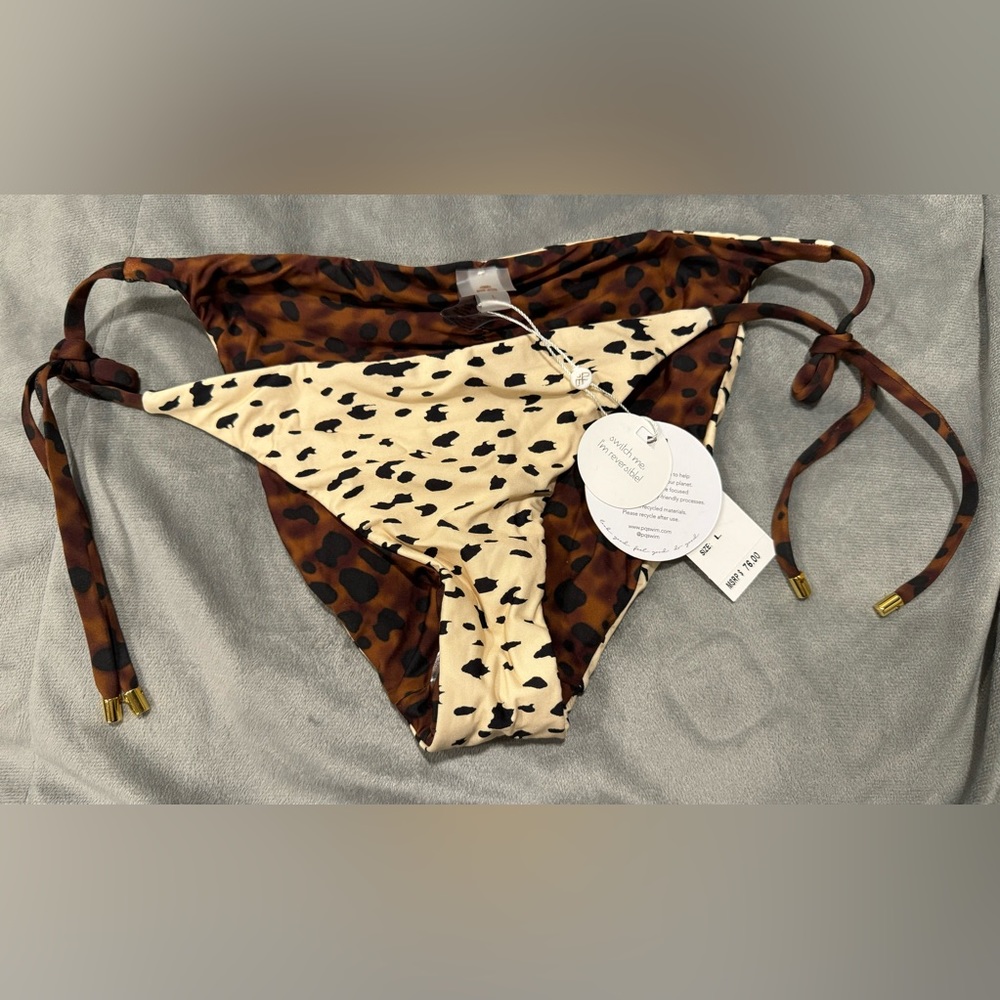 PQ Swim Wild Heart Tan and Brown Spotted Reversible Tie Bikini Bottom Sz: L